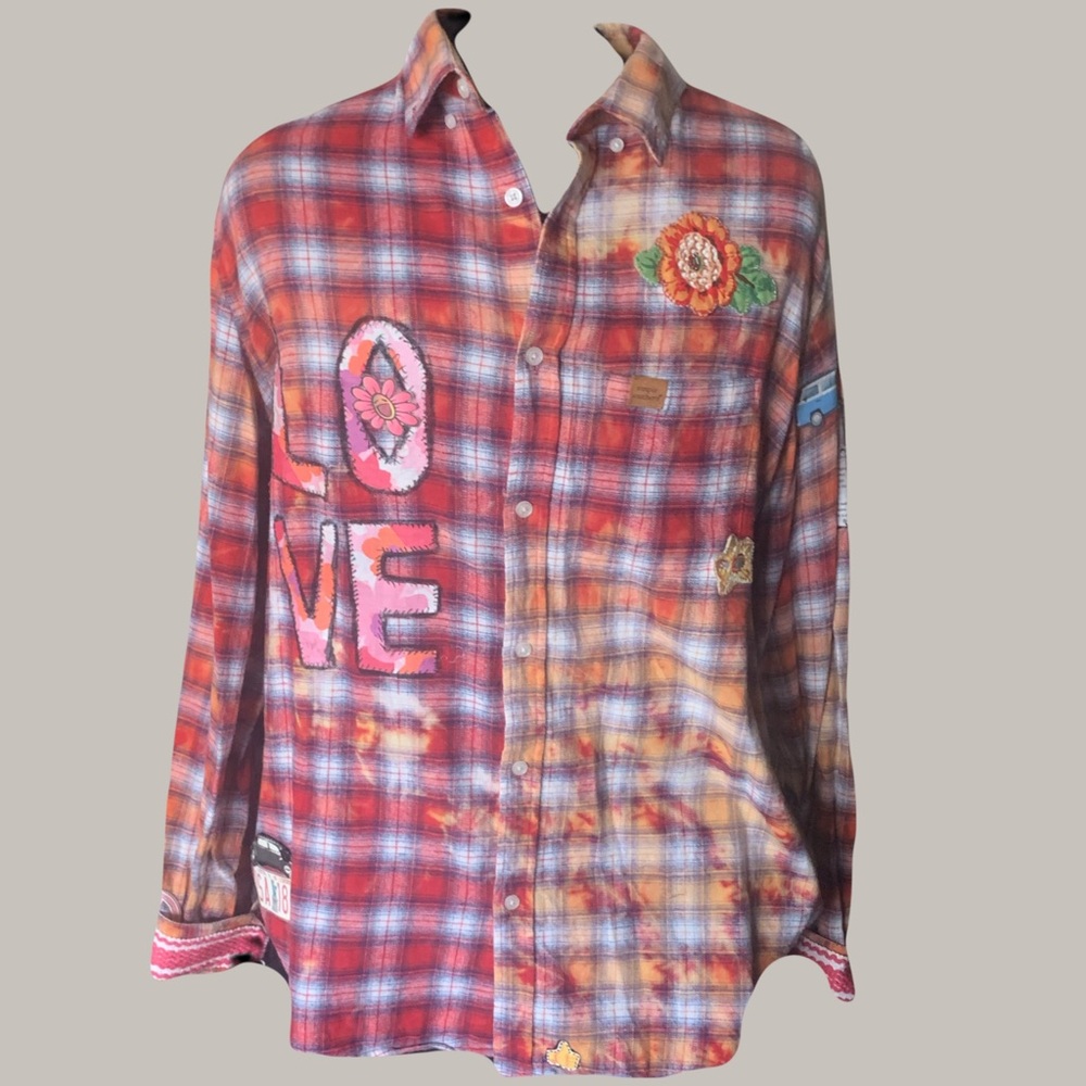 Upcycled Plaid Multicolor Boyfriend Shirt with Detachable Hip Bigfoot with Fur. - Picture 4 of 13